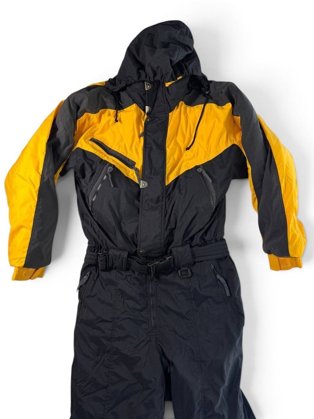 Vintage SKIIQUE Ski Snow Suit Insulated One Piece Snowsuit XL Black Yellow